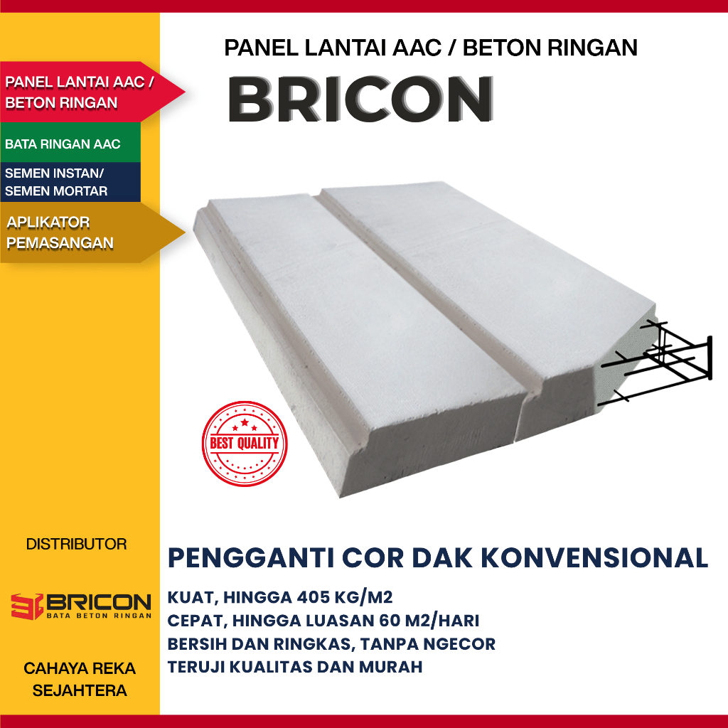 Panel Lantai AAC Beton Ringan Bricon Kuat, Ringan, Hemat, Berkualitas, Tanpa Ngecor | Harga per m3 |
