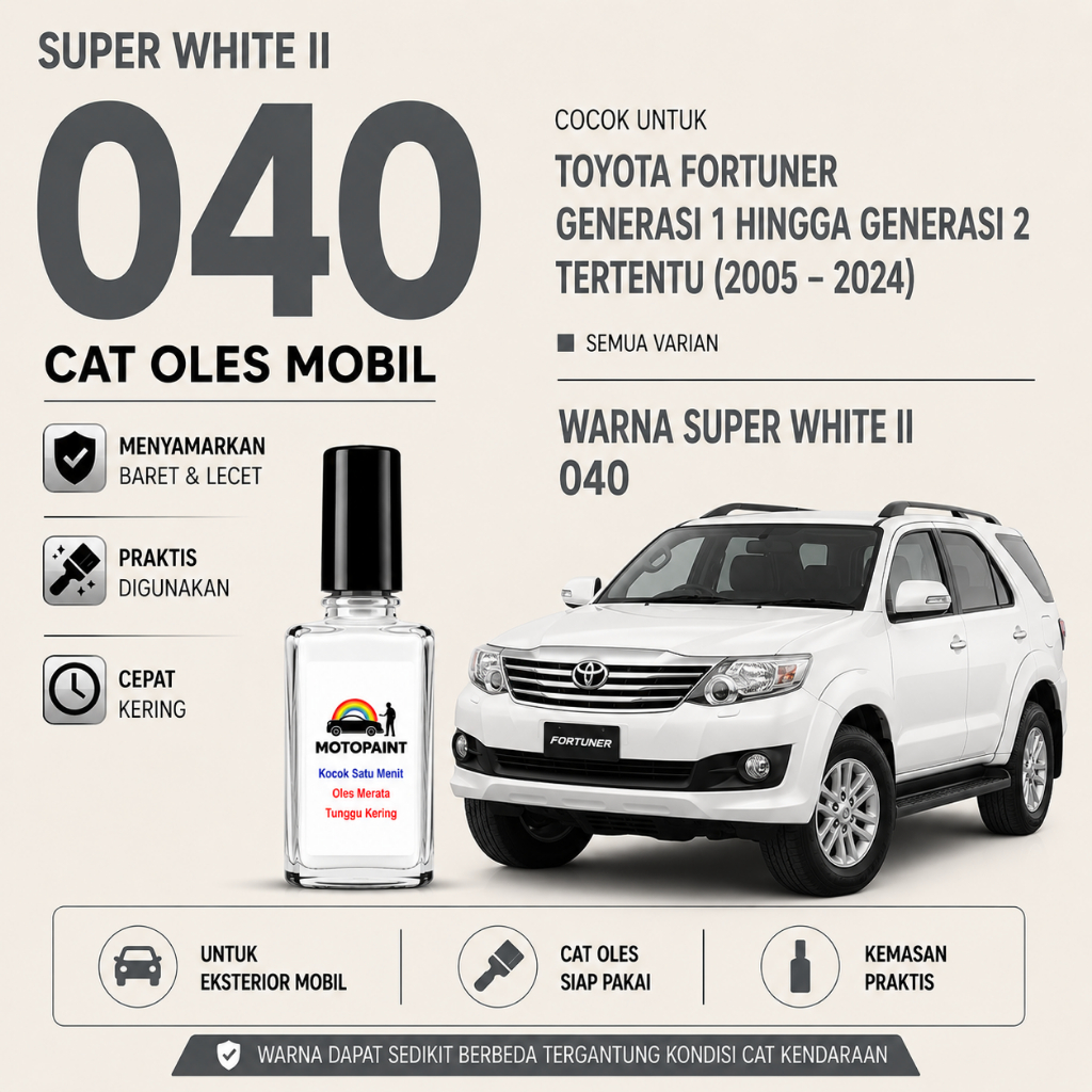 Motopaint Super White 040 Cat Oles Toyota Fortuner Putih Gen 2 - Penghilang Baret Mobil