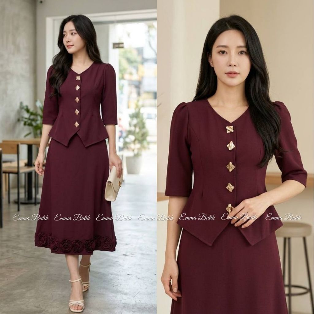 Emma.Butik E00853 Setelan Rok Wanita Formal Loma | Baju Gereja Natal Busui Friendly Lengan Pendek - 