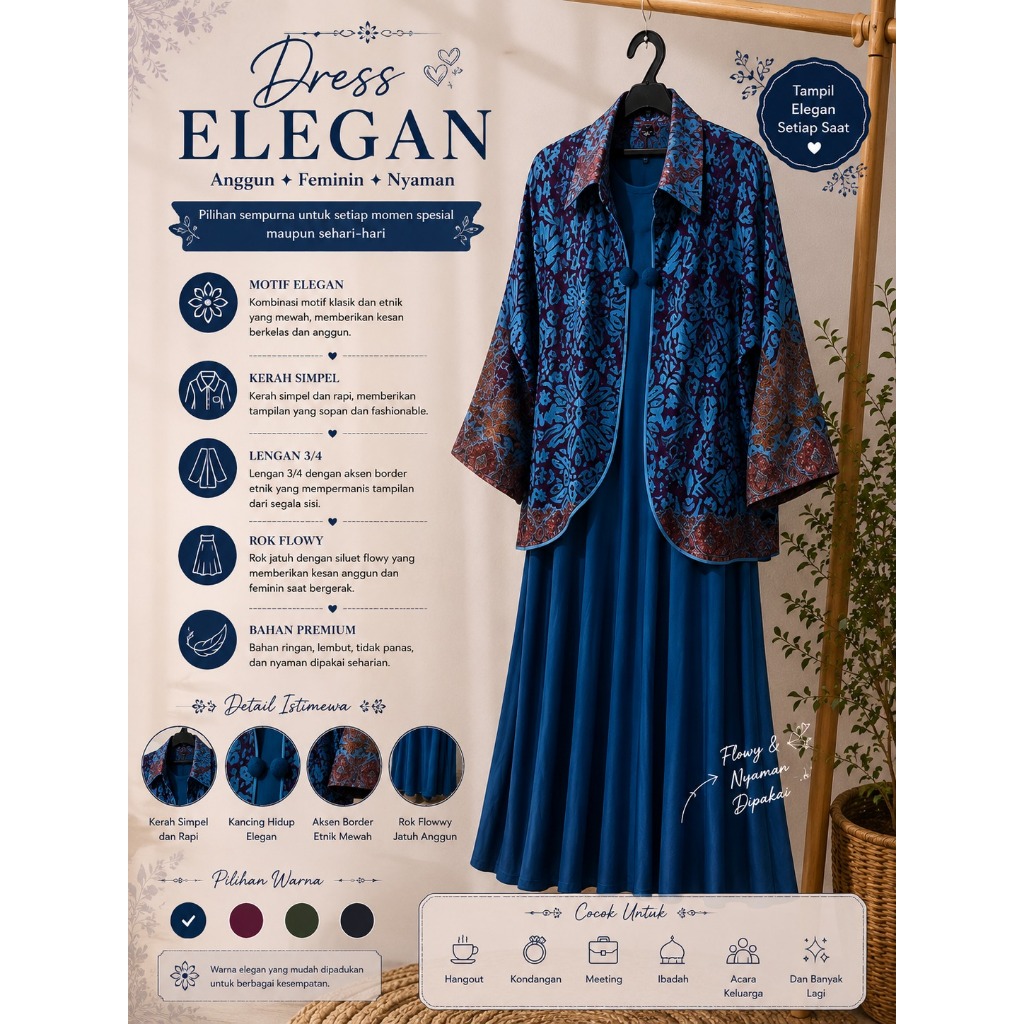Dress Muslim Set Outer Batik Biru Elegan Wanita Bekas Layak Pakai | Gamis Casual Kondangan