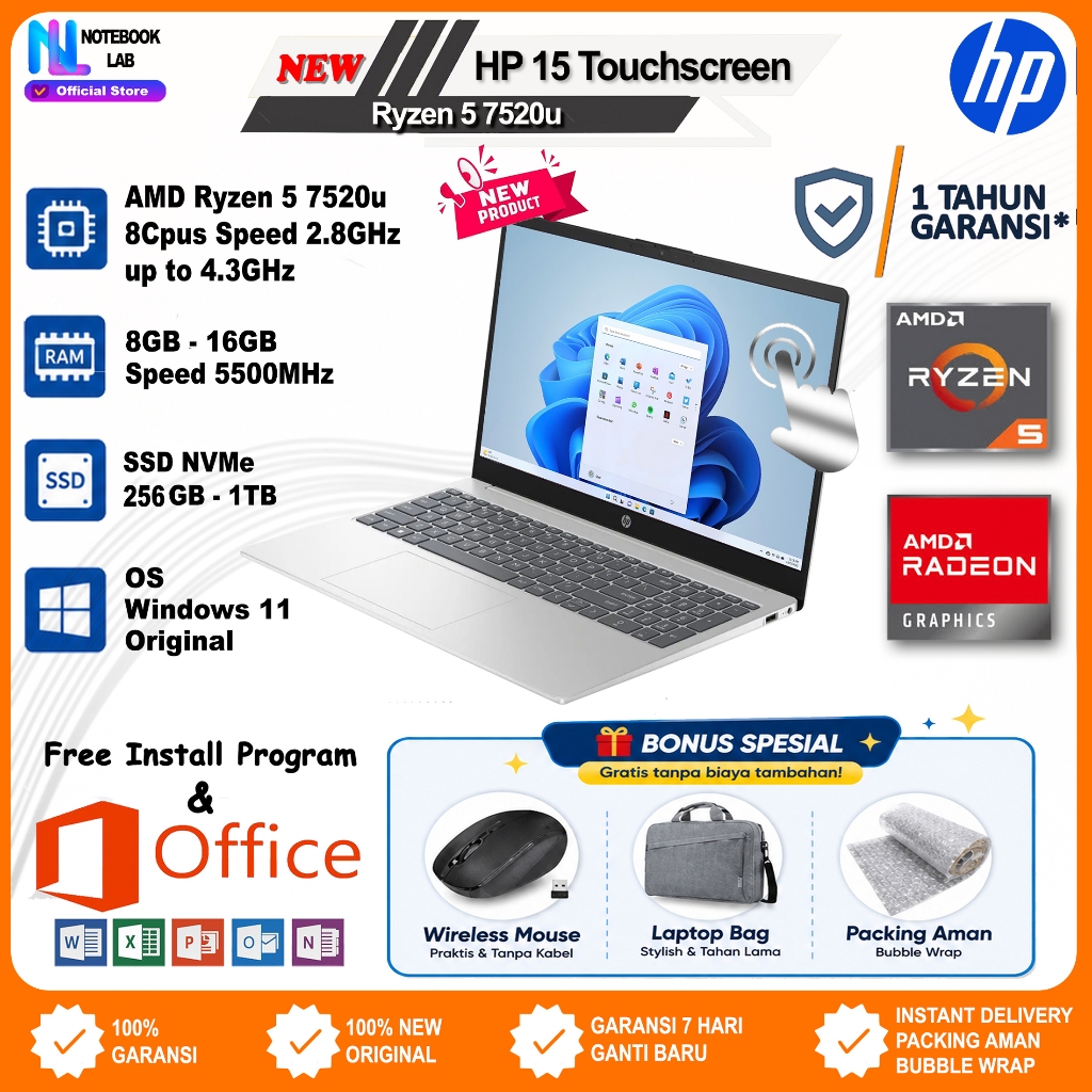 Laptop Touchscreen HP 15 AMD Ryzen 5 7520u Windows 11 Garansi 1 Tahun