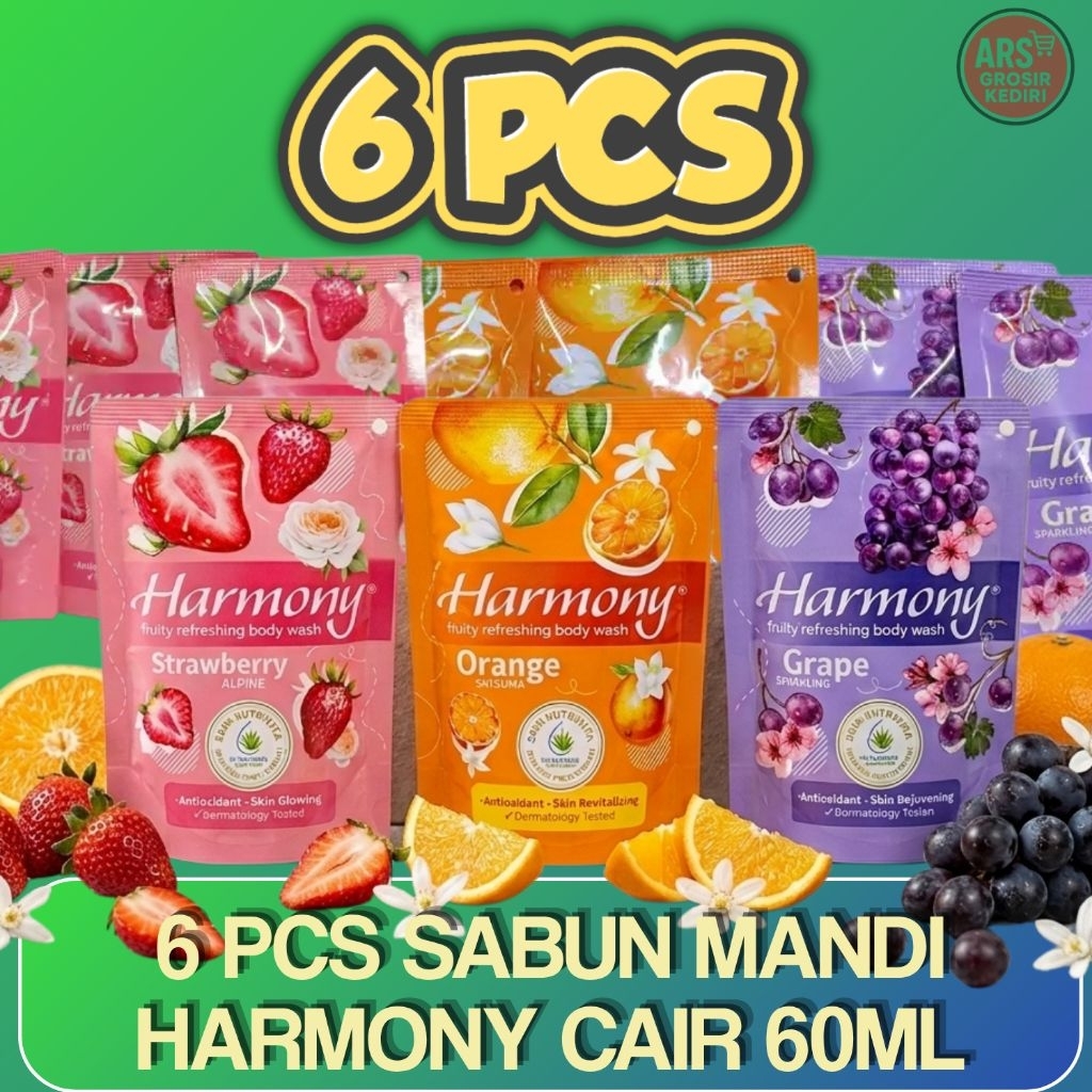 6 PCS SABUN MANDI CAIR HARMONY 60ml - Sabun Cair Buah Wangi Segar Murah