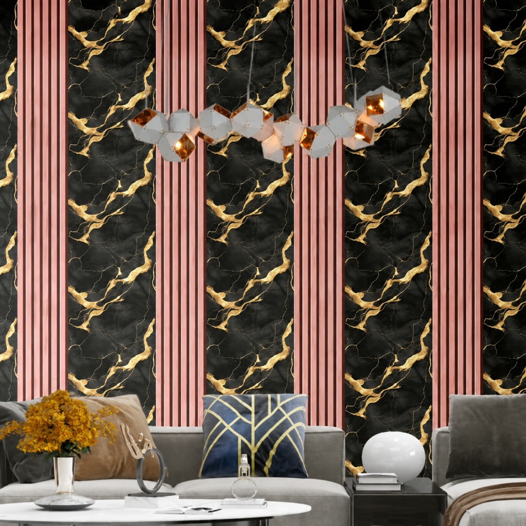 WALLPAPER DINDING Stiker Dinding Motif Kombinasi Salur Kayu WPC & Marmer 155