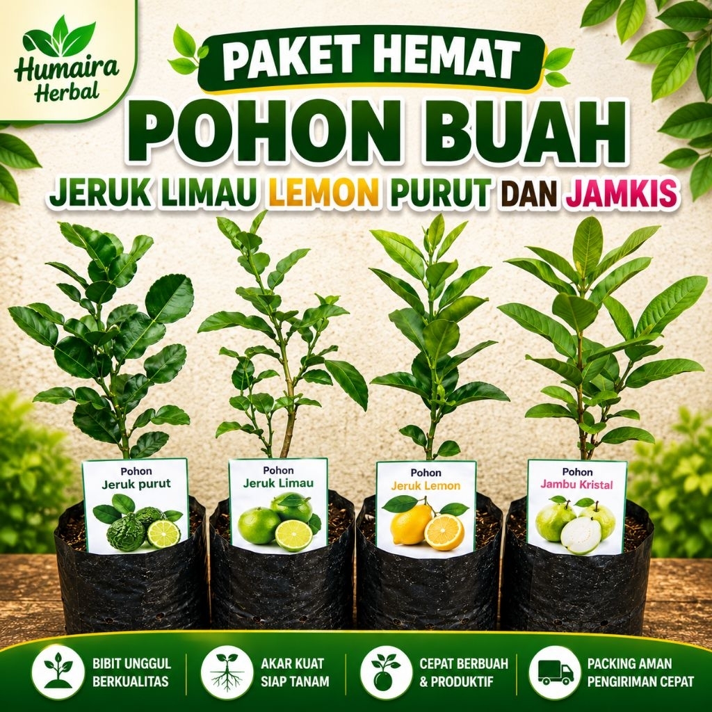 PAKET HEMAT 4 Jenis Bibit Pohon Tanaman Buah Jeruk Limau Purut Lemon Jambu Kristal Cangkok & Okulasi