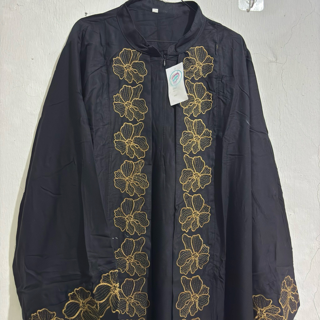 Abaya Gamis Hitam Twill Bordir Bunga Jumbo