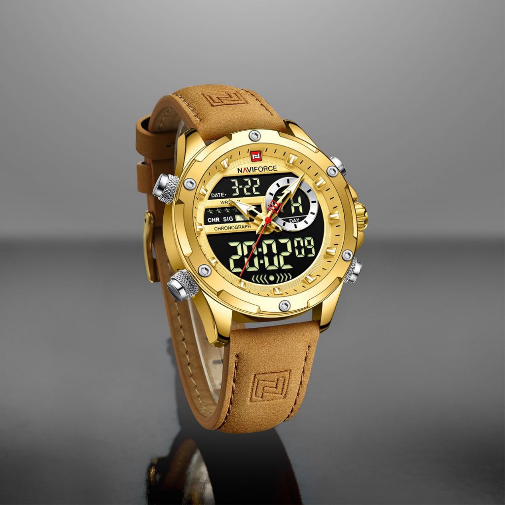 Jam Tangan Pria Naviforce Original 9208 Dual Time Tali Kulit Water Resistant Tahan air