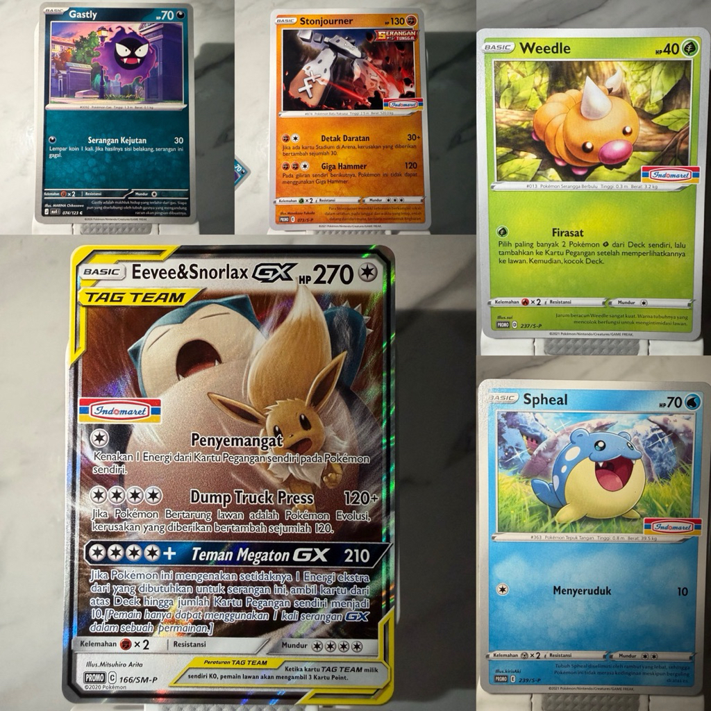 [ID] (5 CARDS) Eevee & Snorlax GX Promo Indomaret 166/SM-P Kartu pokemon Indonesia TCG