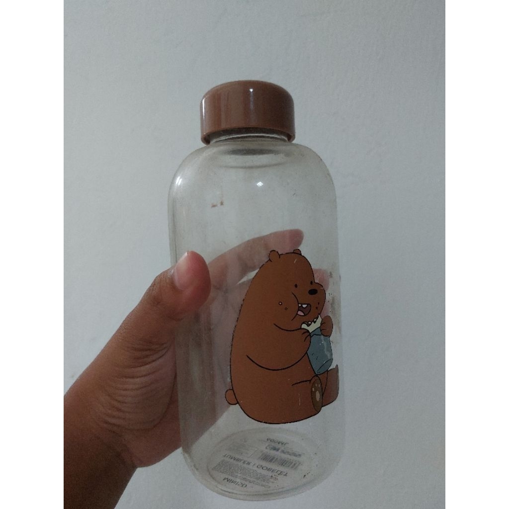 Preloved Botol Minum Kaca Miniso We Bare Bears Grizzly Brown || Ukuran 600 ml