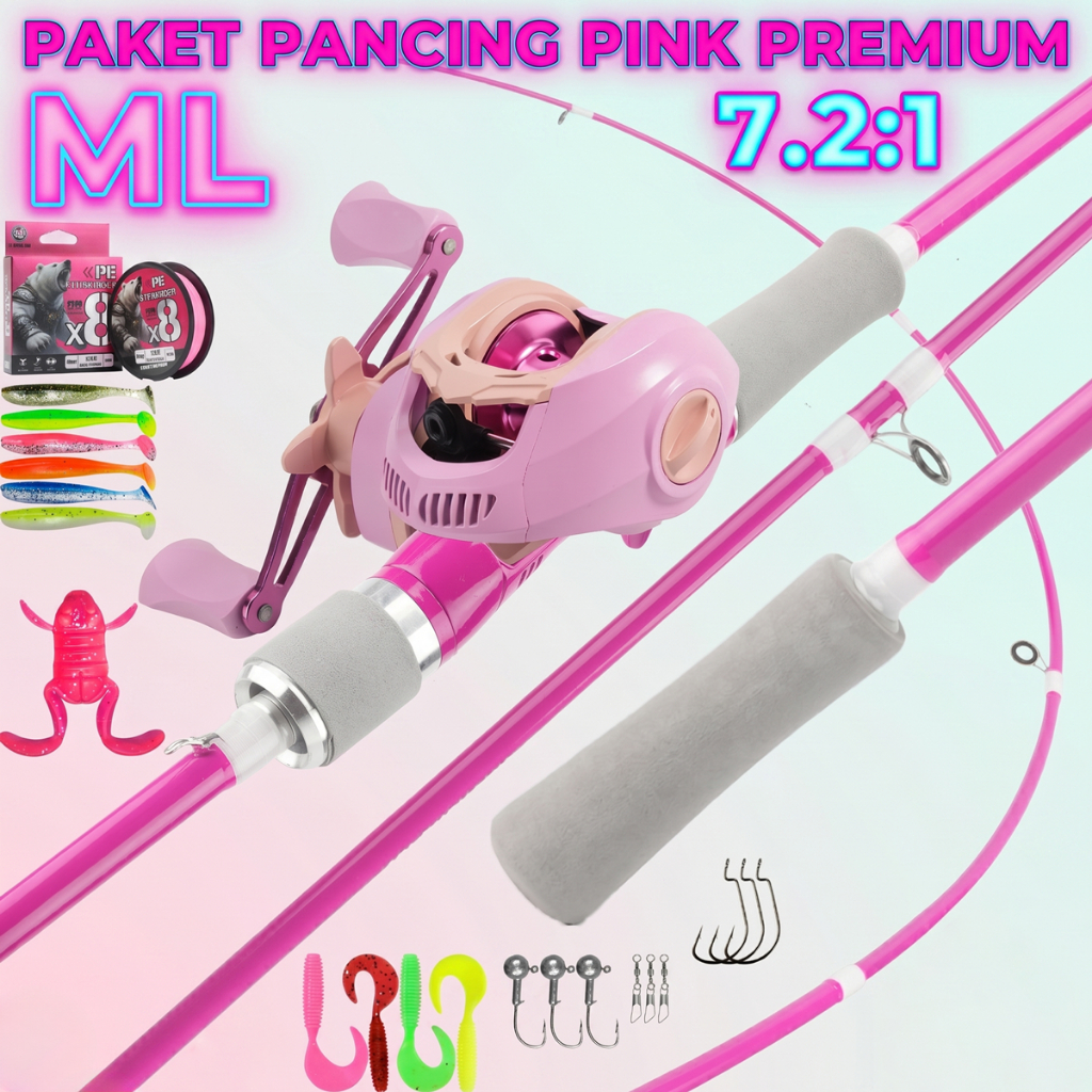 Paket Set Joran Pancing Lure Pink Premium ML & Reel Baitcasting 7.2:1 Lengkap Bonus Senar PE Umpan K