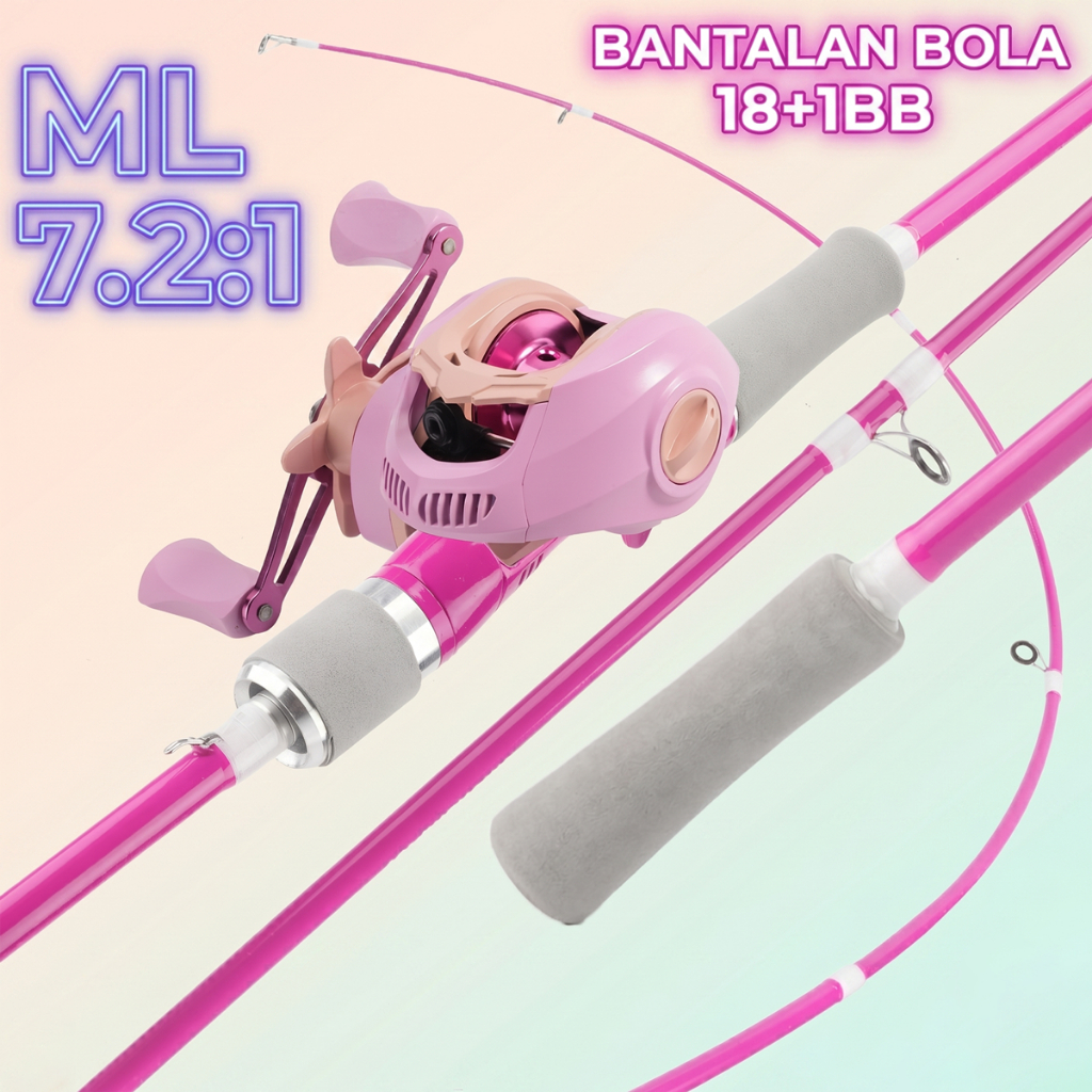 Paket Alat Pancing Joran Casting Pink Premium ML 7.2:1 Baitcasting Reel 18+1BB Set Lengkap Katak Pal