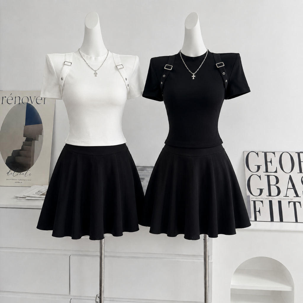 [Hallyu] Tshirt Crop Baju Wanita Variasi Tali Gesper Knit Premium | Baju Wanita Tali Gesper Lengan P