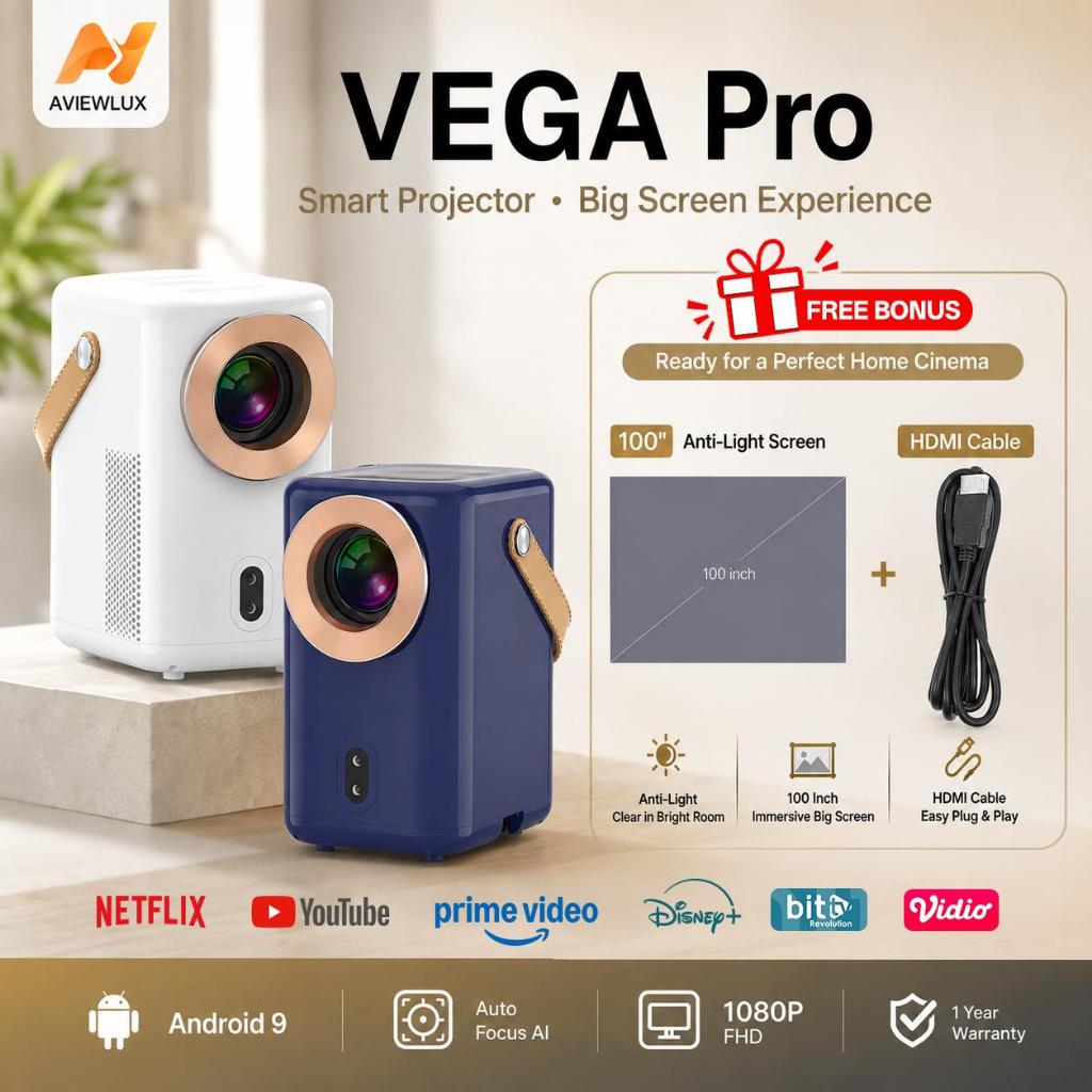 AVIEWLUX VEGA Pro Smart Proyektor LCD - Android TV 9 - 700 ANSI Support 4K - Auto Focus & Keystone -
