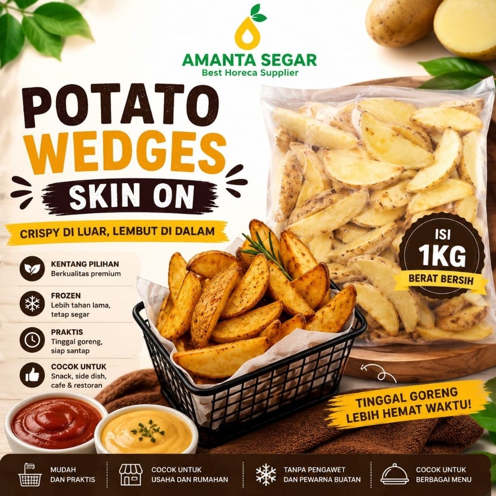 Potato Wedges Skin On 1Kg Kentang Frozen Crispy Siap Goreng Premium Untuk Snack dan Side Dish