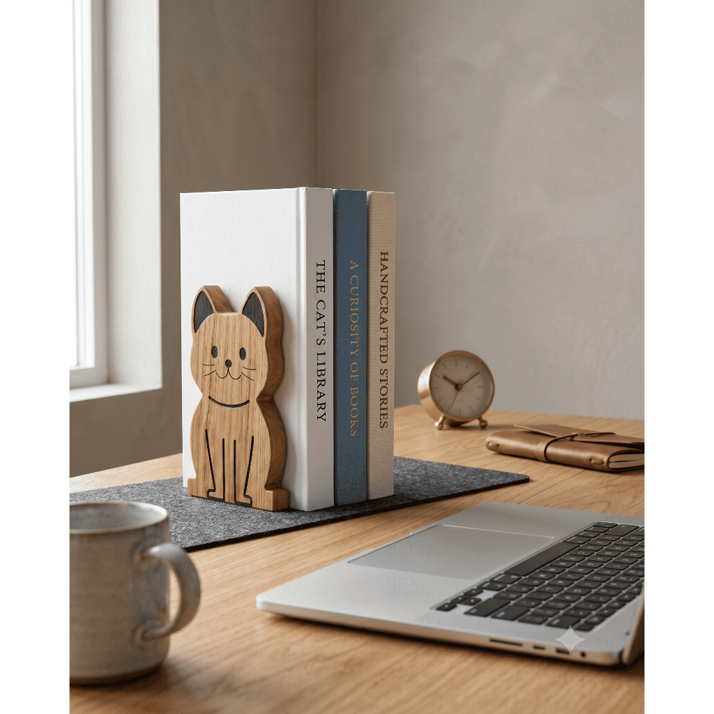KLIQKAYU - Book Holder Cat | Penyangga Buku Kayu, Estetik, Karakter Kucing Rak Buku
