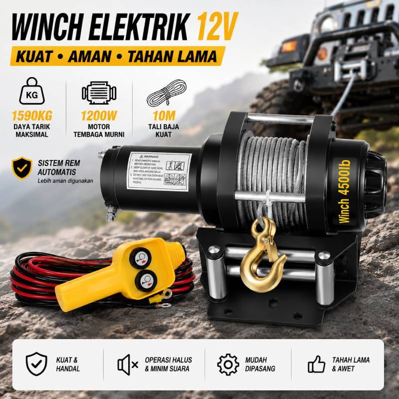 VICTOOL  Derek Listrik 12V 1200W dengan Tali 10 Meter dan Derek Listrik Mini, Daya Tarik 1590 kg