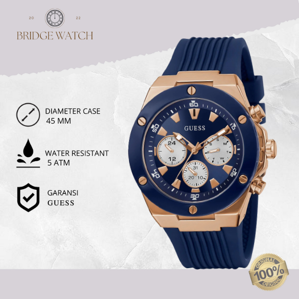 Jam Tangan Pria Guess Poseidon GW0057G2 Chronograph Blue Rubber Casual Sporty Original