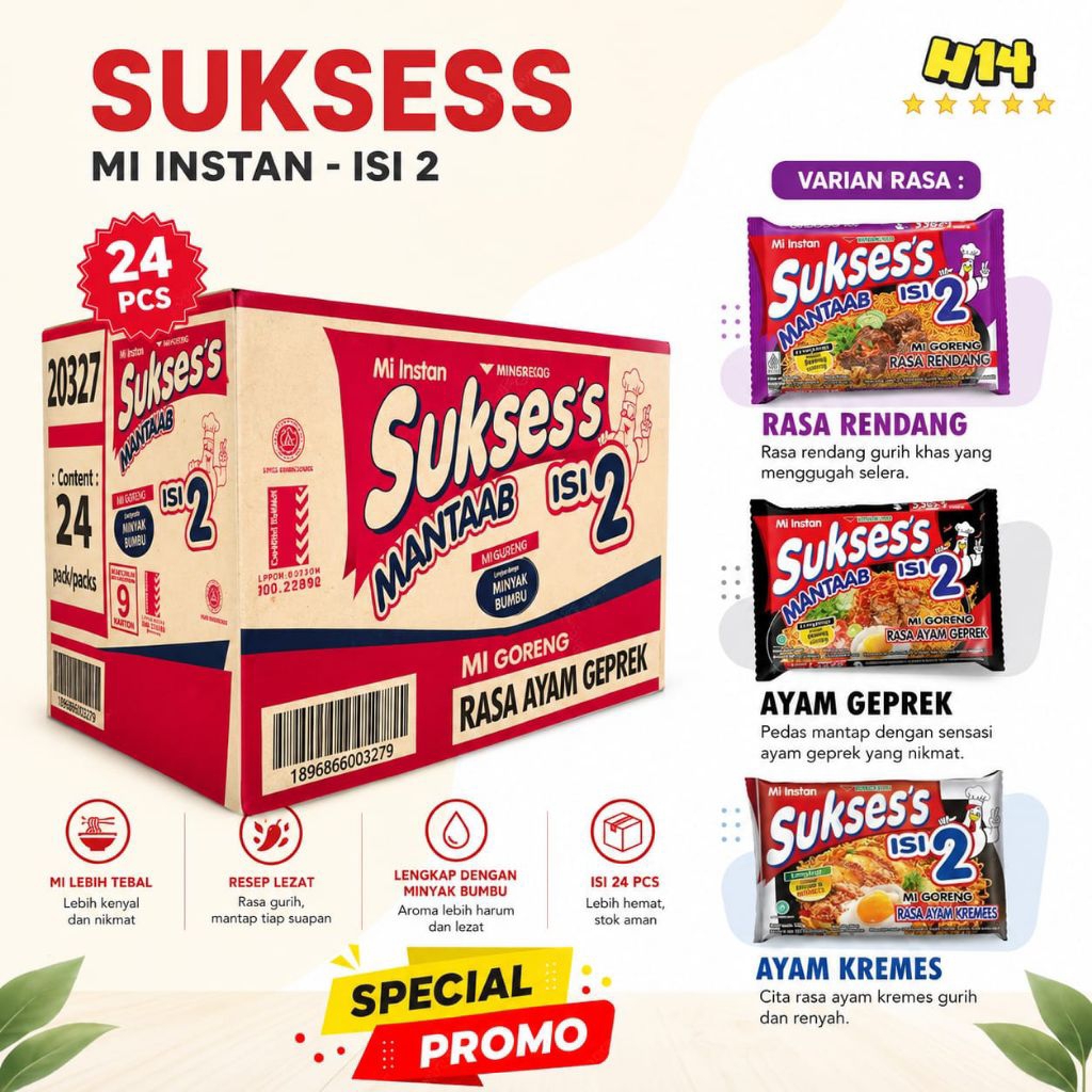 Mie Goreng Instan Sukses Isi 2 Rasa Ayam Geprek, Ayam Kremes & Rendang