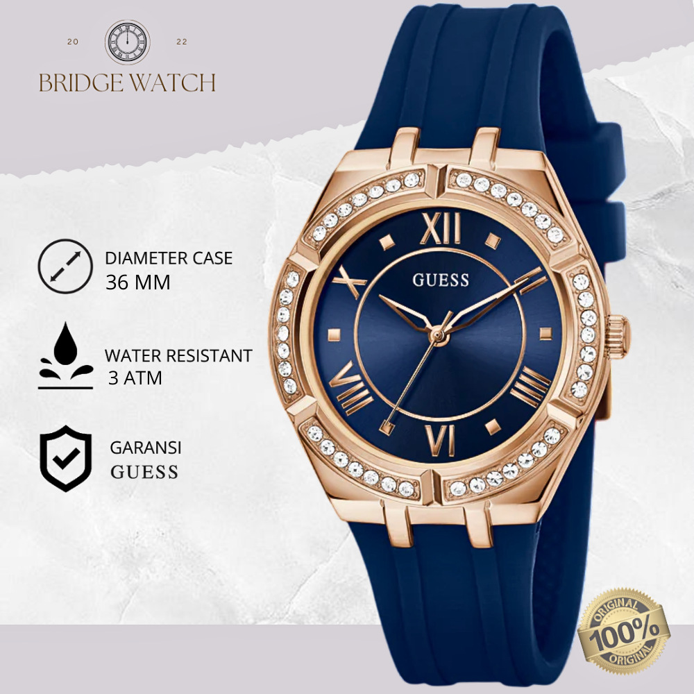 Jam Tangan Wanita Guess GW0034L4 Cosmo Analog Blue Silicone Rubber Navy Diamond Gold Case Casual Mew