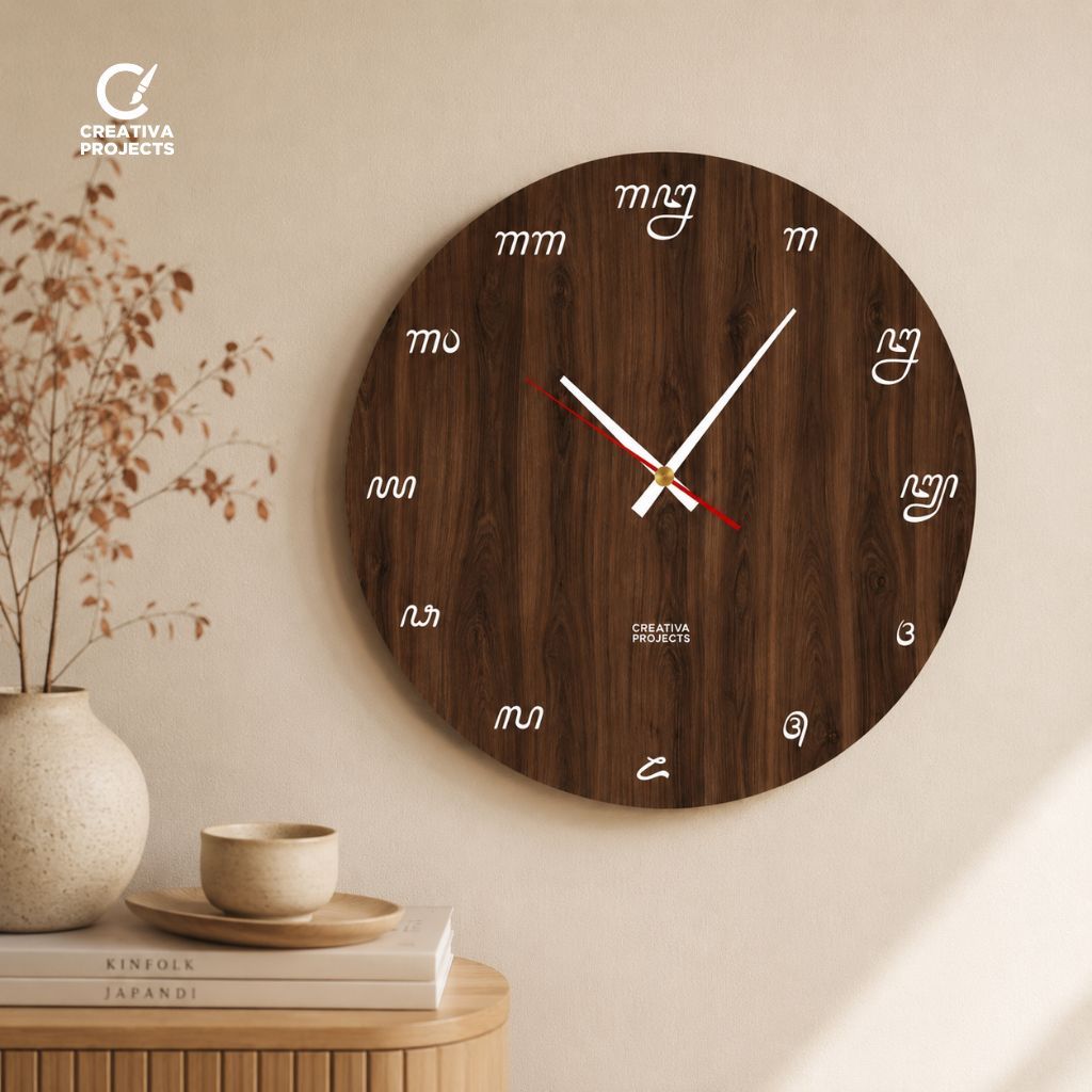 Creativa Projects Jam Dinding Aesthetic Motif Kayu Aksara Jawa Unik Elegan Dekorasi Estetik Kafe Rua