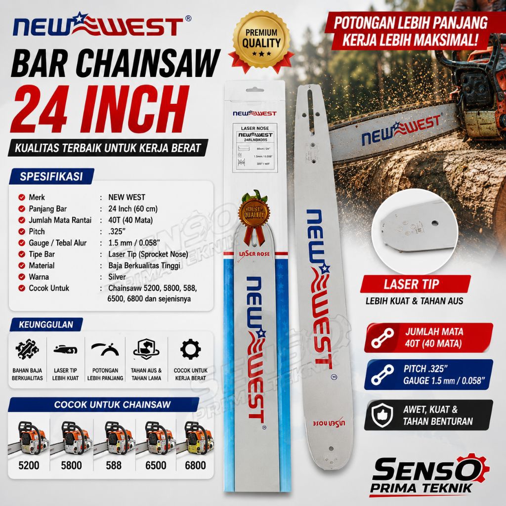 BAR CHAINSAW NEW WEST 24 INCH 40T LASER UNTUK MESIN GERGAJI KAYU