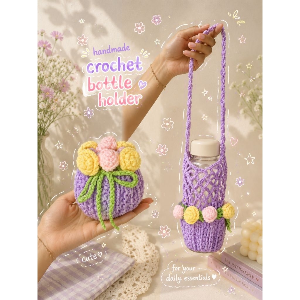 Crochet Bottle Holder Handmade | Tempat Botol Rajut Estetik Floral | Botol Holder Rajut Estetik Hand