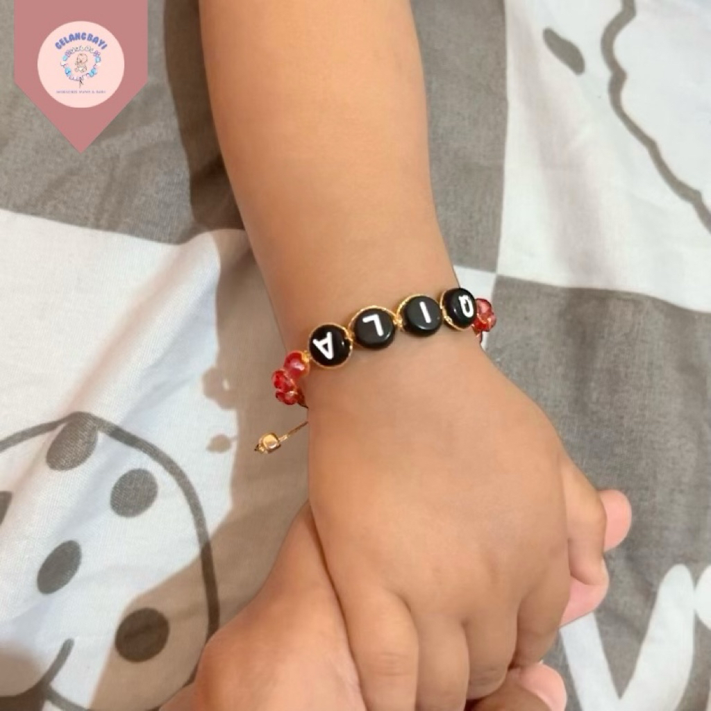 Gelang bayi manik ceko gelang merah custome nama MAX 7 HURUF tali gold