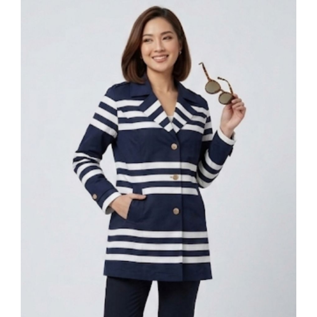 Jaket Blazer Wanita Salur Putih Biru Navy Premium - Outerwear Formal Kasual