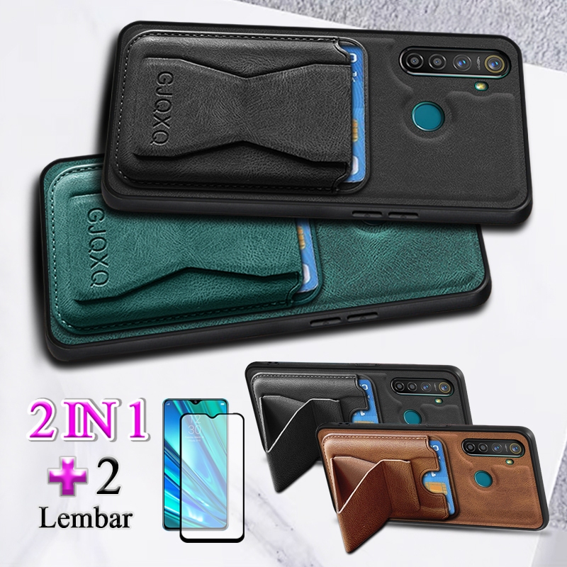 2 In 1 Case For Realme 5 Pro Casing Ponsel Kulit Premium Dengan Slot Kartu Kredit Dompet Dan Film Ke