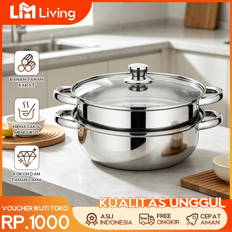 L.M Living – Panci Steamer Stainless 2 Susun – Panci Kukus untuk Siomay & Dimsum – Cepat Matang & An