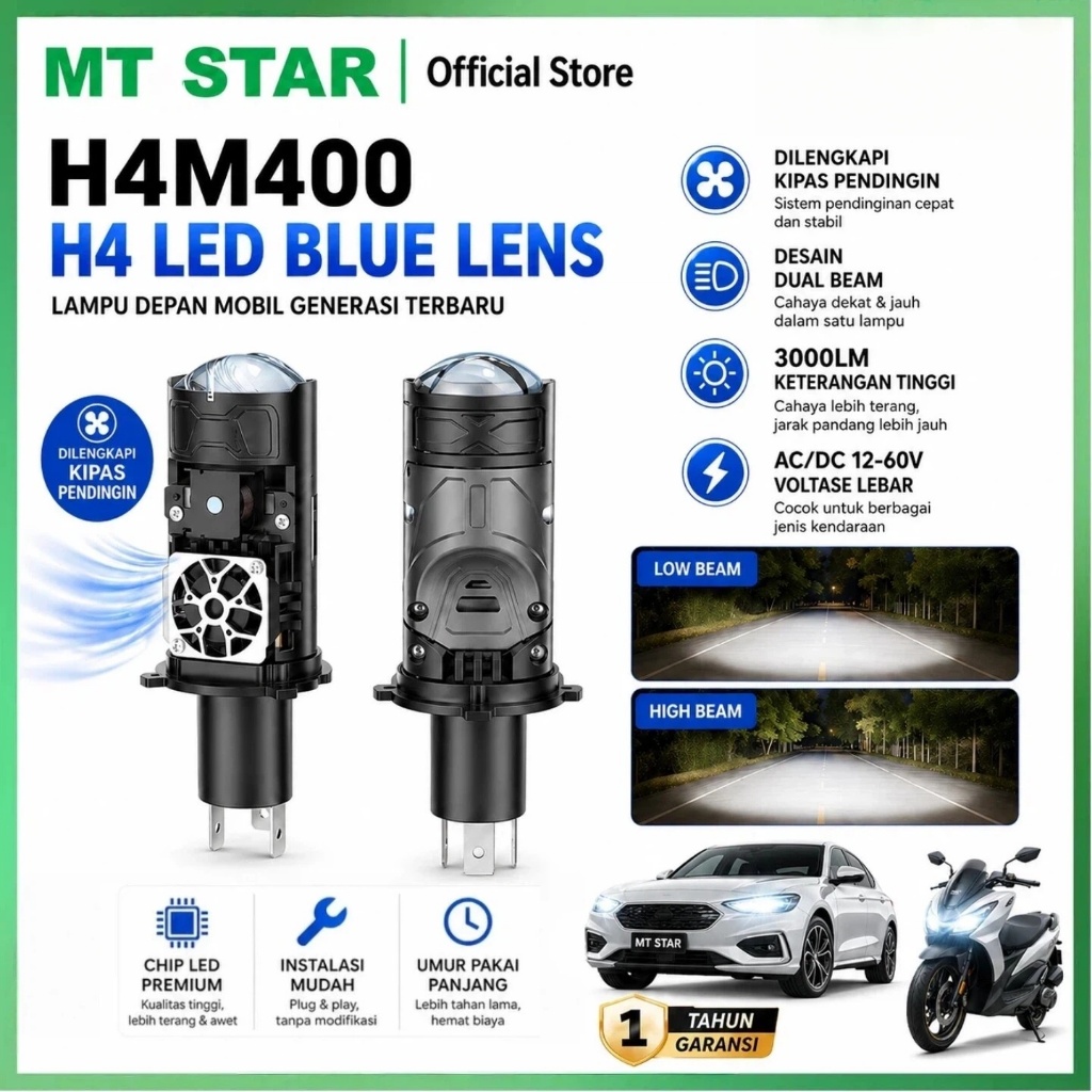 MT-STAR H4 M400 -  Lampu utama Socket H4 LED Blue Lens