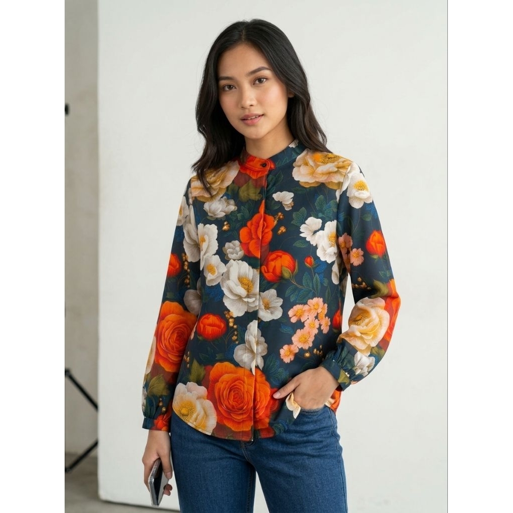 Kemeja Rayon Wanita Kerah Sanghai Motif Bunga Atasan Blouse Floral Jumbo LD 110 LD 120 Baju Kerja Ce