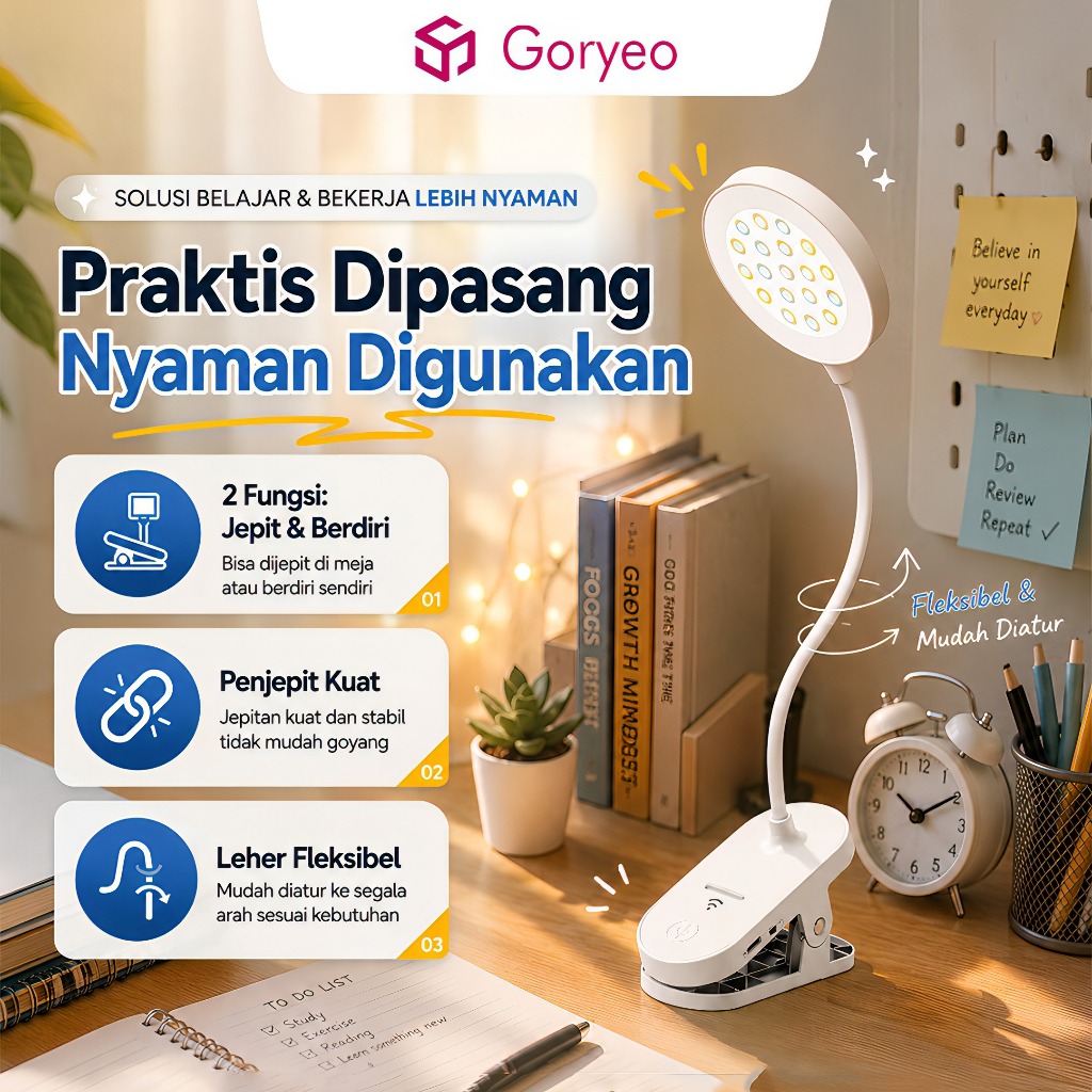 Goryeo Lampu Meja Lampu Belajar Jepit Fleksible LED Portable Charge Touch Screen Adjustable