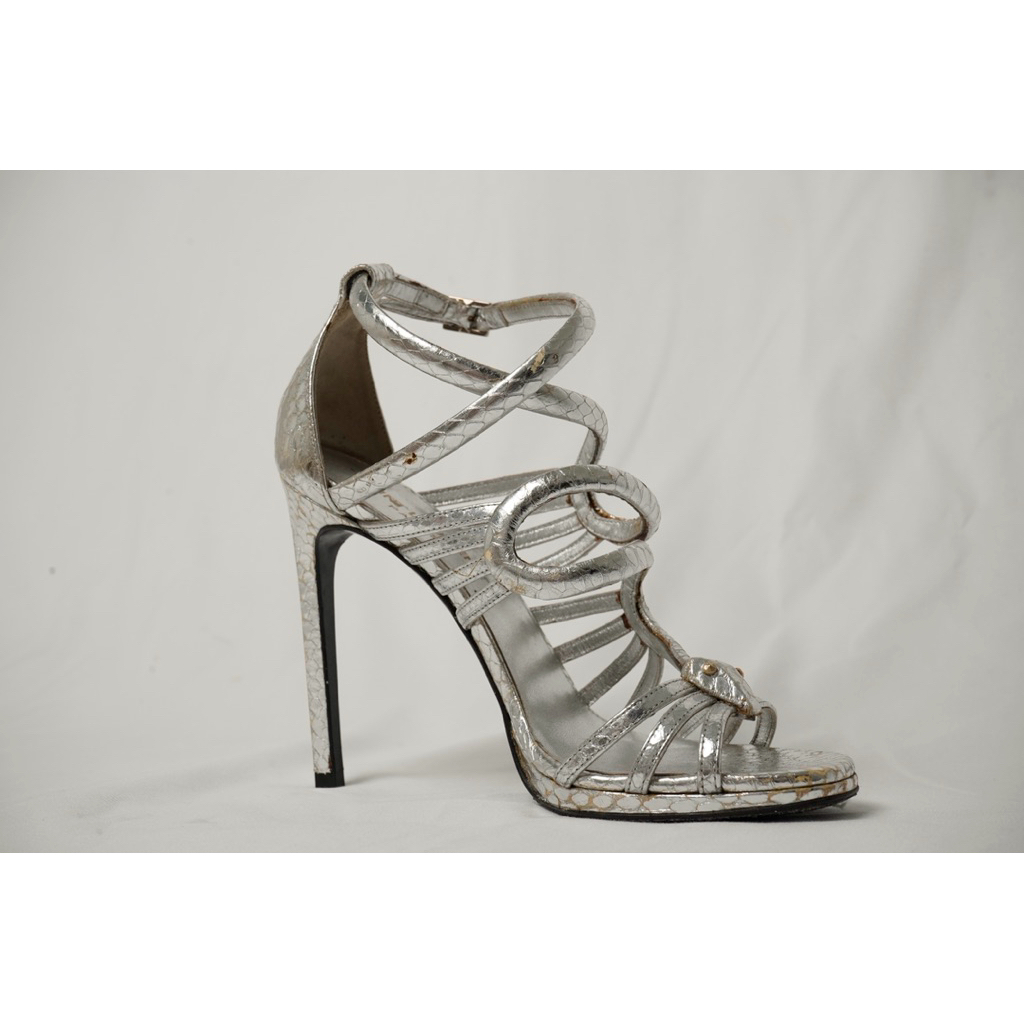 Saint Laurent Paris Snake Wrap Heels – Metallic Silver Python Embossed Sandals