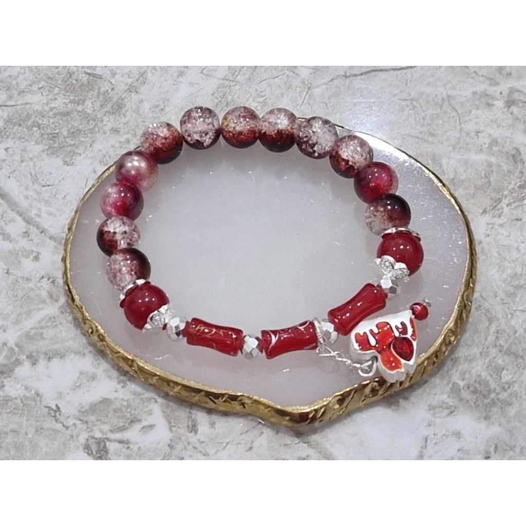 Gelang Manik Glass Beads Batu Giok Bambu Hati Kristal Merah.