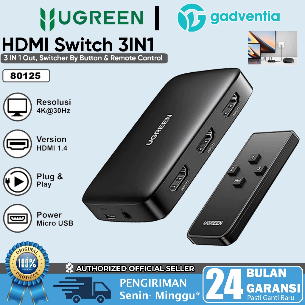 Ugreen Hdmi Switcher 3 In 1 Out 4K Uhd With Remote Control Laptop Ps4 Ke Monitor Tv 80125