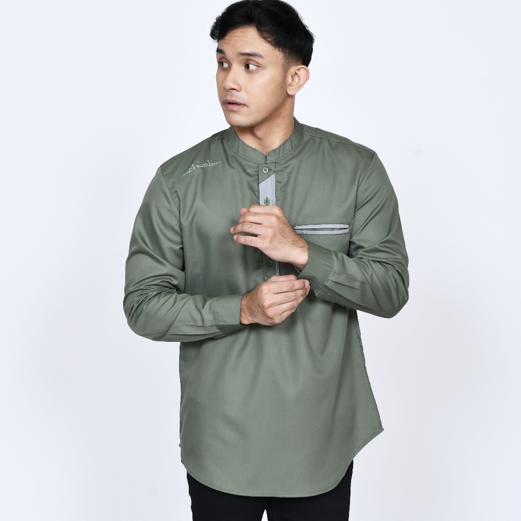 Baju Koko Pria Semi Gamis Lengan Panjang Warna Hijau Sage Motif Kalipa