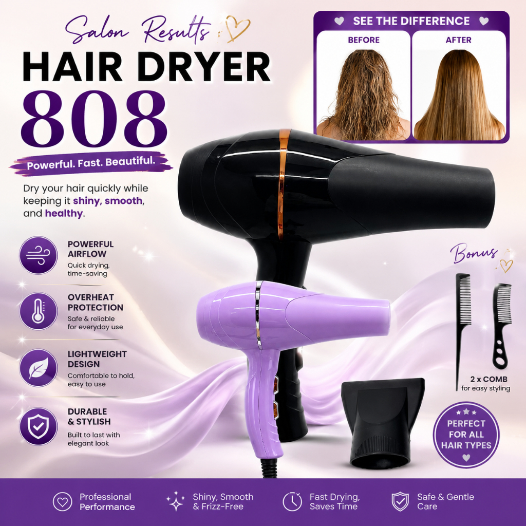 Hair Dryer Viral Murah Professional Terbaru 808 Free Sisir Dan Nozzle Super Power Salon Perawatan Ra