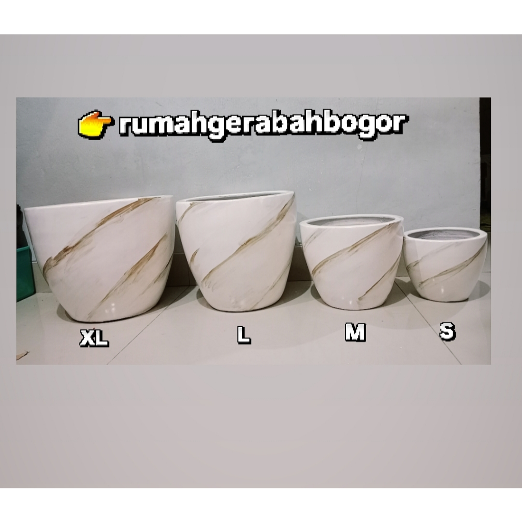 Pot Gerabah Cat Duco Putih Motif Serat Emas, Pot Duco Marmer Putih, Pot Bunga. RGB.