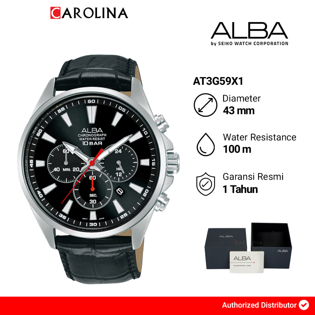 Jam Tangan Pria ALBA Active AT3G59X1 Black Dial Black Leather Strap