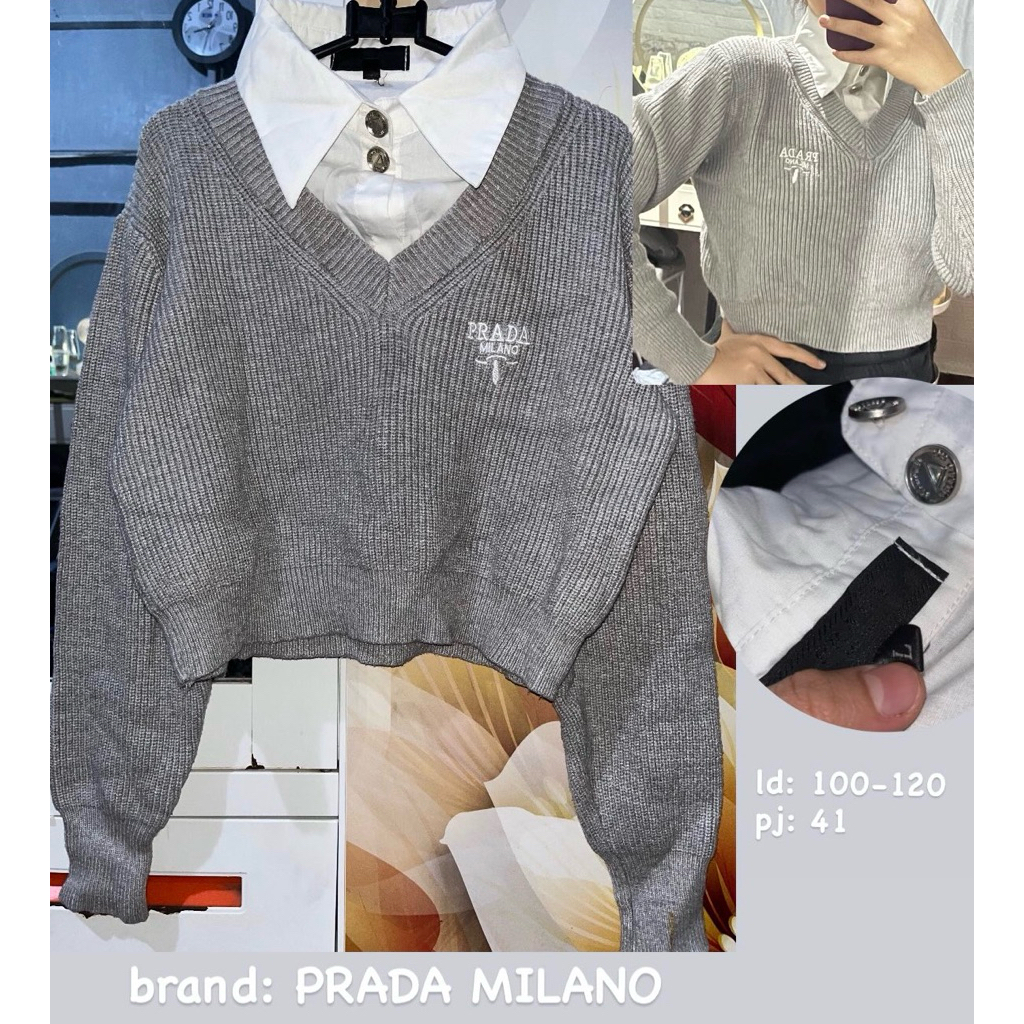 atasan wanita sweater crop rajut kepang kemeja kerah prada milano