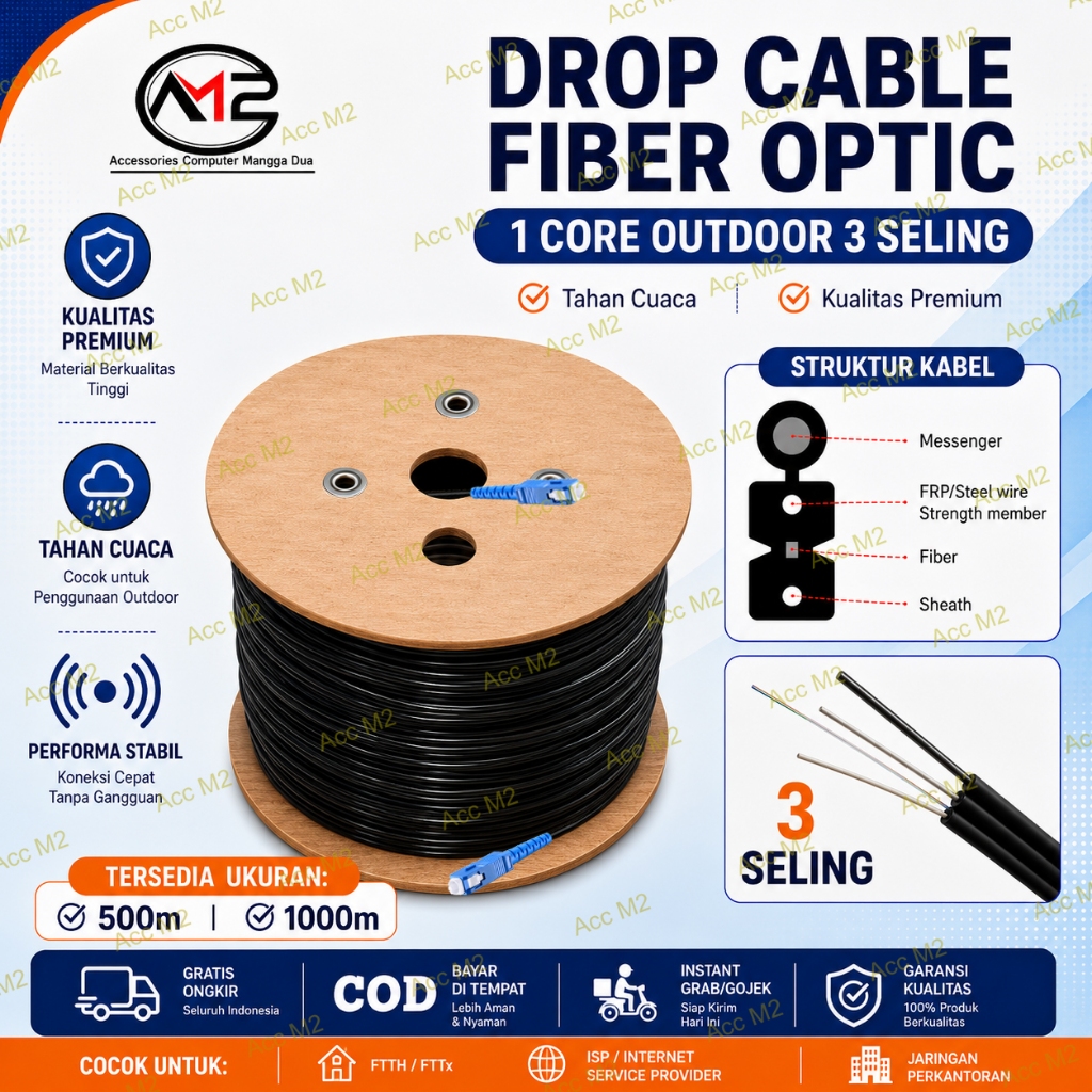 Kabel Precon  FO Drop Cable Fiber Optic 1 Core Outdoor 3 Seling 500M, 1000M