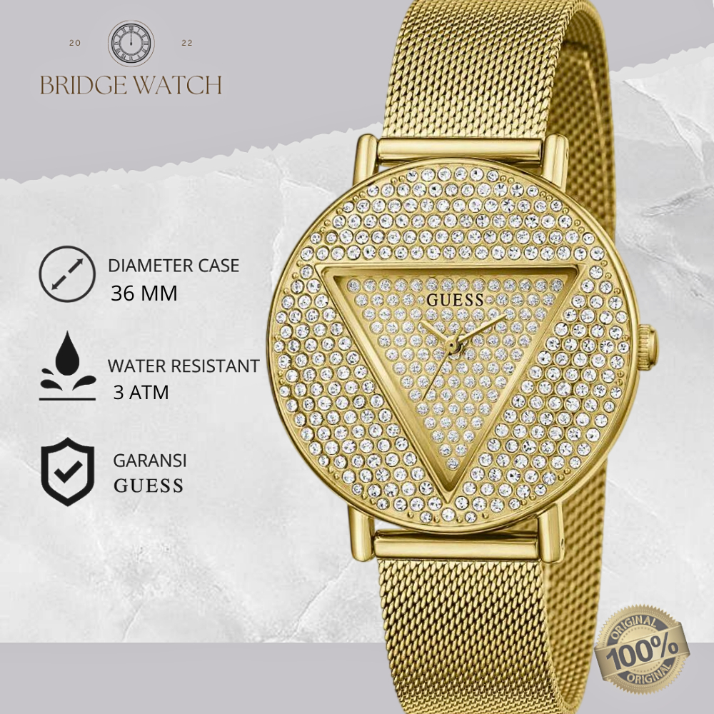 Jam Tangan Guess Wanita GW0477L2 Iconic Glitz Dial Gold Stainless Steel Strap Rantai Mewah Elegant O