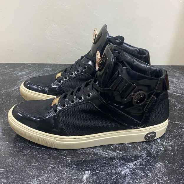 Sepatu sneakers pria Versace Collection warna hitam bahan kulit & kanvas, material dalam kulit, ukur