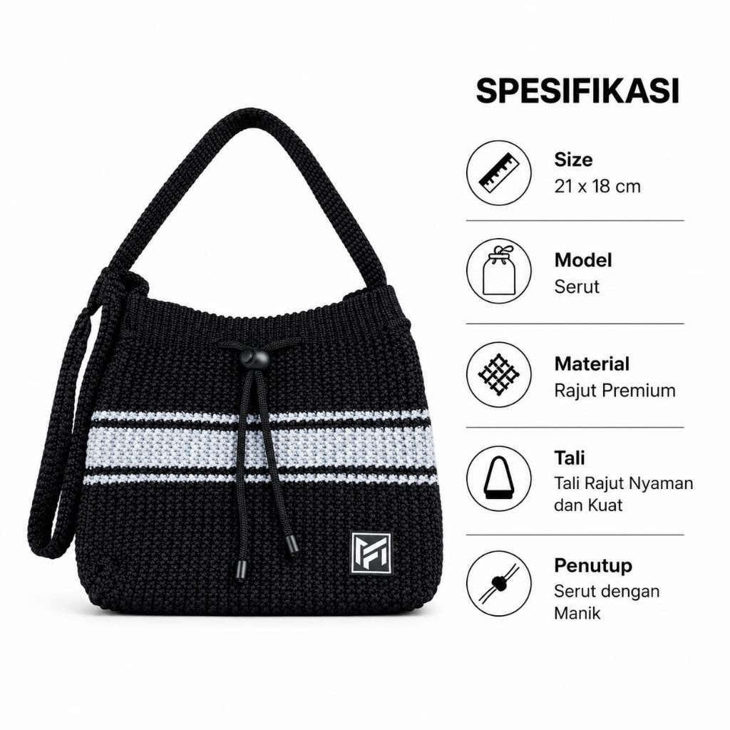 Tas Selempang Wanita Rajut Serut Lebar Muat Hp dan Dompet Simple Elegan