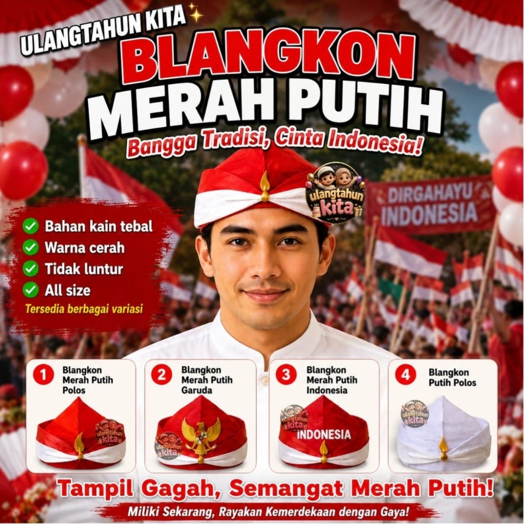 (Quality premium)Blangkon Merah putih,Blangkon Putih Polos KDM,Bandana merah putih,Aksesoris Agustus