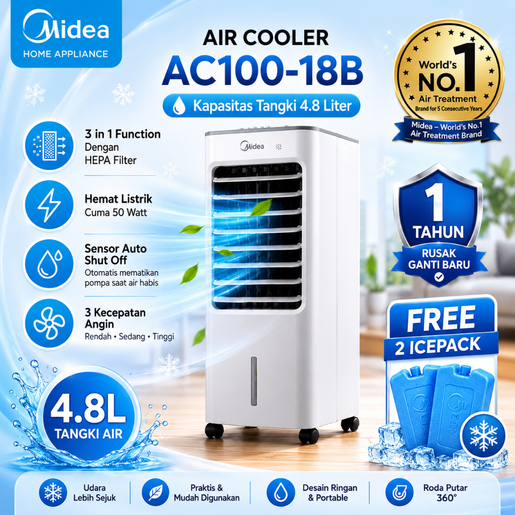 [Free Gift] Midea Air Cooler Manual 4.8L AC100-18B 3-n1 Humidifier/Filter/Cooler | Hemat Listrik