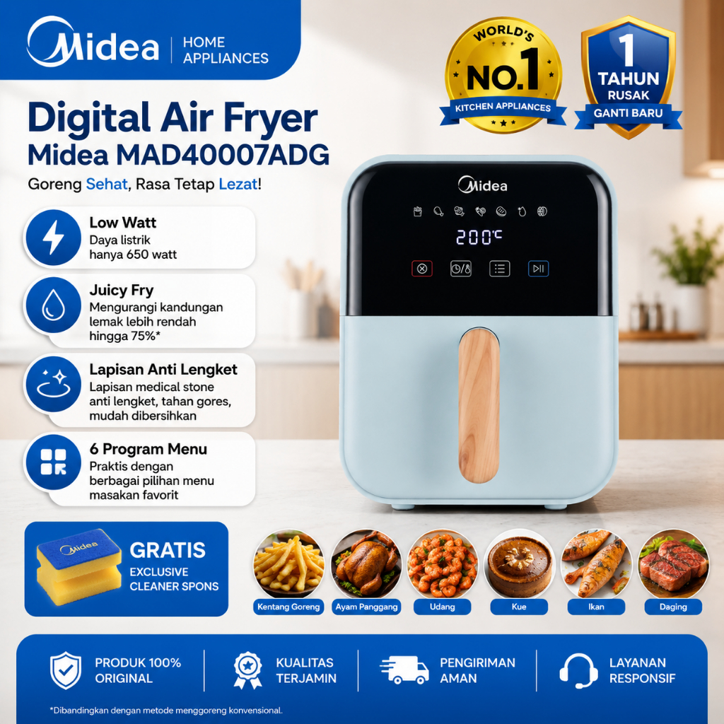 [HADIAH] Promo Idul Adha Midea Airfryer MAF400B0ADG - Model Putar | Pegangan Kayu | Hemat Minyak & S