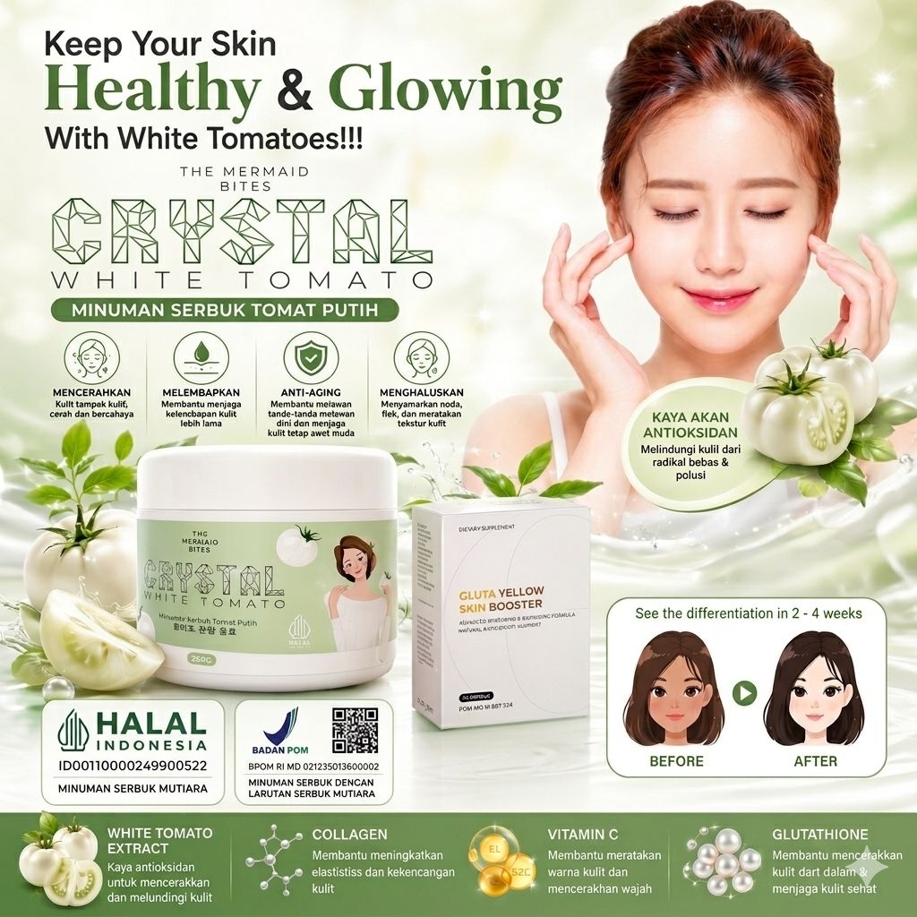 BUNDLING BPOM TOMAT PUTIH GLUTATHIONE CRYSTAL WHITE TOMATO WITH L-CYSTEINE POWDER MIXED WATER TYPE J