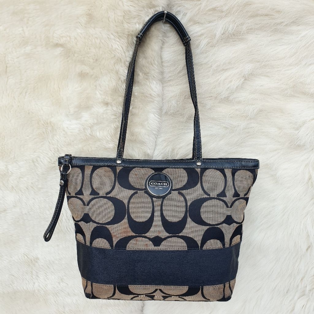 Tas Coach Tote Bag Kanvas Mix Kulit Asli