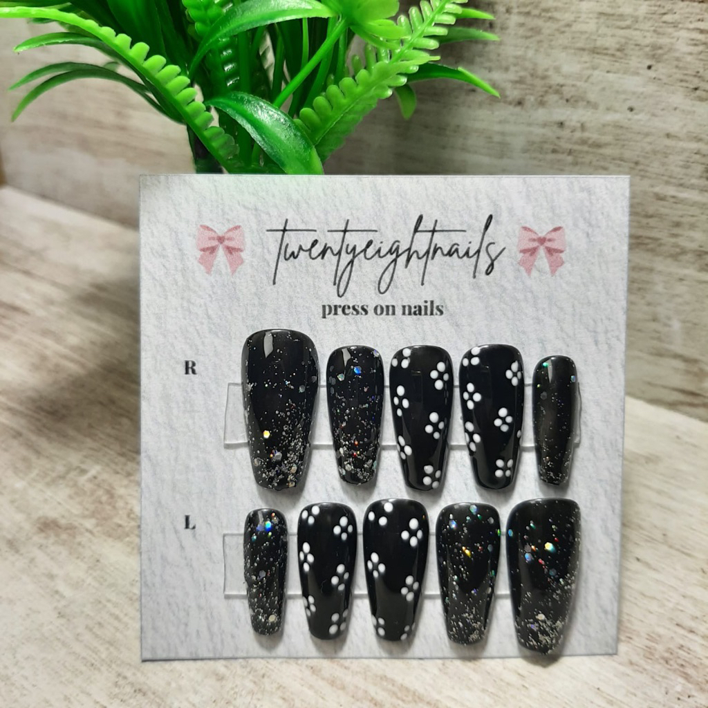 twentyeight - PRESS ON NAILS motif bunga polkadot hitam glitter || kuku palsu glitter cantik || fake
